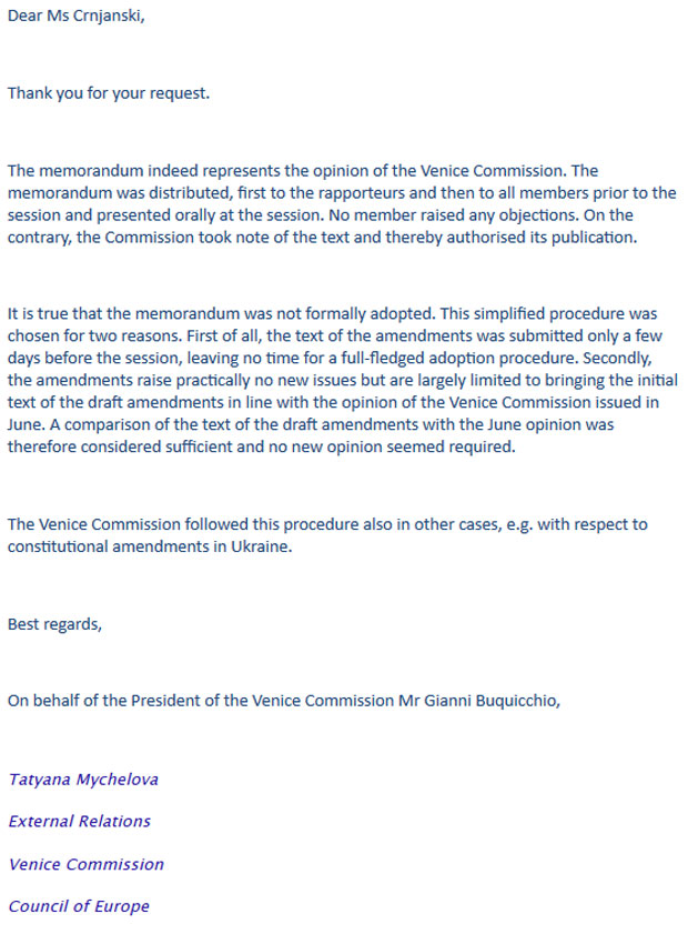 Писмени одговор који је у име председника ВК Ђанија Букићија послала Наталија Микелова - Извор: НОВОСТИ