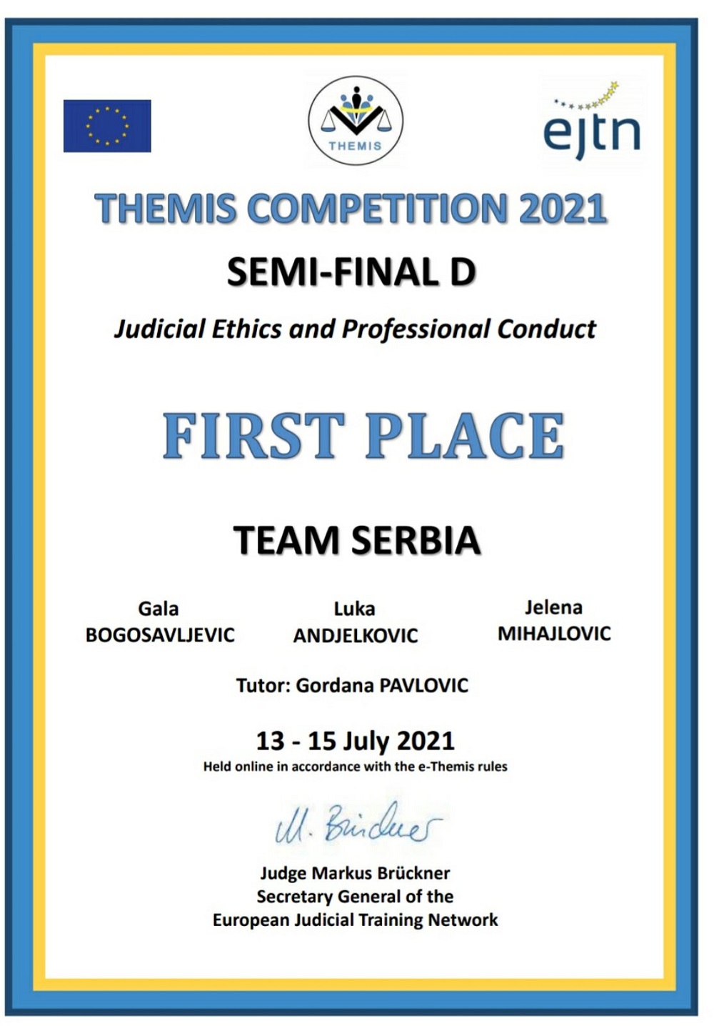 Тим Србије поново први у полуфиналу такмичења правосудних академија Европе - THEMIS 2021 - Извор: Правосудна академија