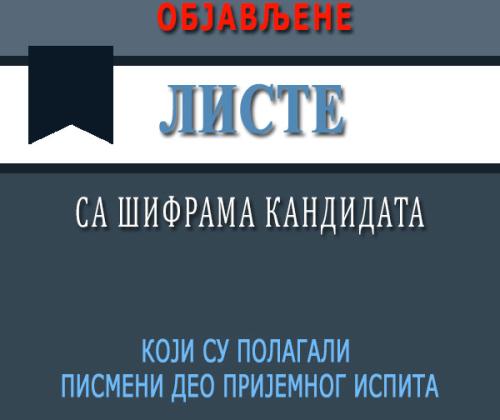 Објављене листе са шифрама кандидата који су полагали писмени део пријемног испита 08. марта 2021. године