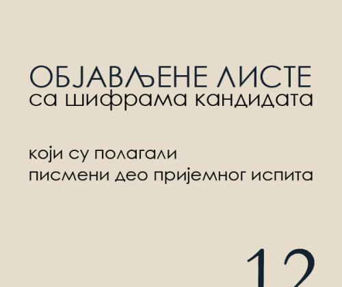 Објављене листе са шифрама кандидата који су полагали писмени део пријемног испита 09. маja 2022. године