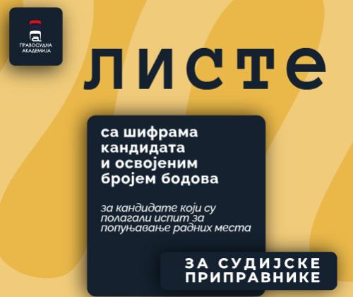 Objavljene su liste sa šiframa kandidata, po mestu polaganja i osvojenim brojem bodova, za kandidate koji su polagali ispit 18. februara 2025. godine, za popunjavanje radnih mesta za SUDIJSKE PRIPRAVNIKE